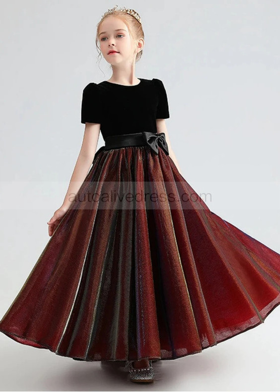 Black And Burgundy Velvet Tulle Ankle Length Flower Girl Dress